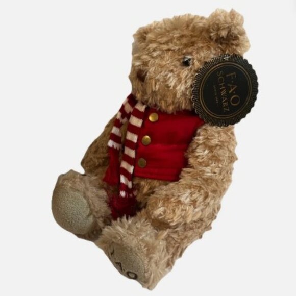 NEW 2018 FAO Schwarz Brown Bear Plush in Red Winter Vest & Scarf - Picture 4 of 7